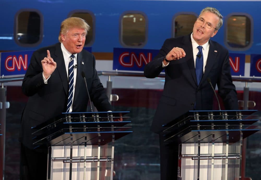 Republican presidential candidates Donald Trump (L) and Jeb Bush argue during the republican presidential debates at the Reagan Library on September 16. (Justin Sullivan/Getty Images)