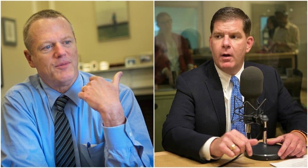 In recent months, Gov. Charlie Baker and Boston Mayor Marty Walsh have both refused to release their text messages. Tom Keane argues they are right to do so. Gov. Baker is pictured in his office at the State House; Mayor Walsh is pictured as a guest on Radio Boston. Both photos were taken on April 17, 2015 by WBUR's Jesse Costa.
