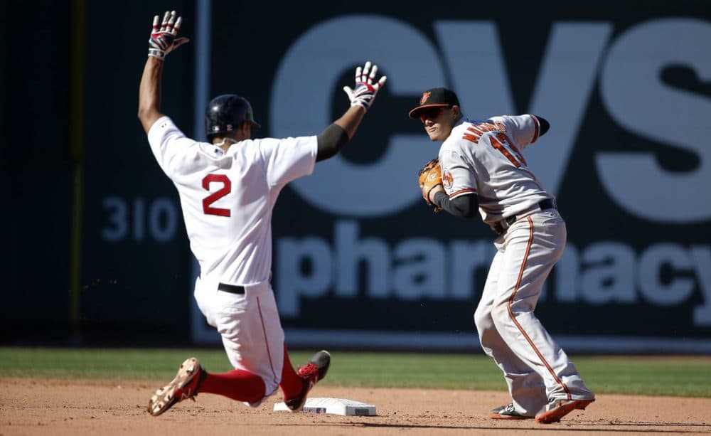 Boston Red Sox's Xander Bogaerts (2) is forced out at second base as Baltimore Orioles' Manny Machado turns the double play on David Ortiz during the sixth inning during a game at Fenway Park on Sunday. (Michael Dwyer/AP)