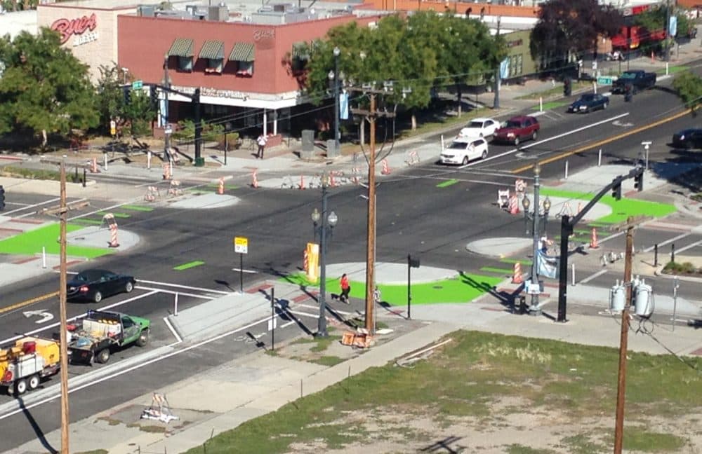 Salt Lake City's new protected intersection is pictured in this aerial photo. (Courtesy of Salt Lake City's Transportation Division)