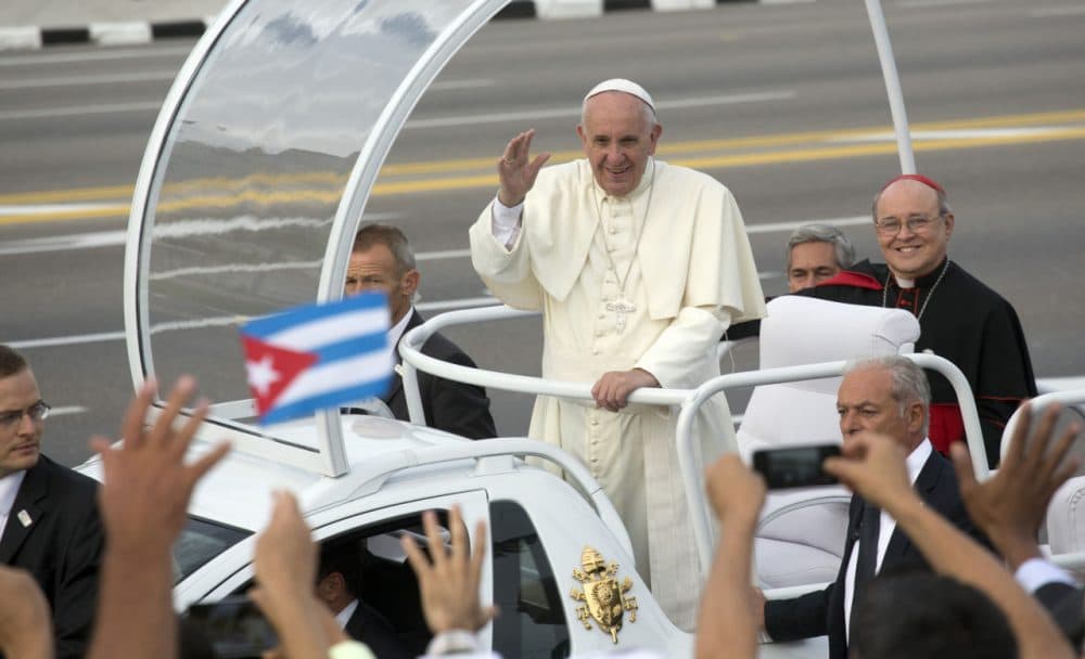 Pope Francis arrives for Mass at Revolution Plaza in Havana, Cuba, Sunday, Sept. 20, 2015. (AP Photo/Ramon Espinosa)