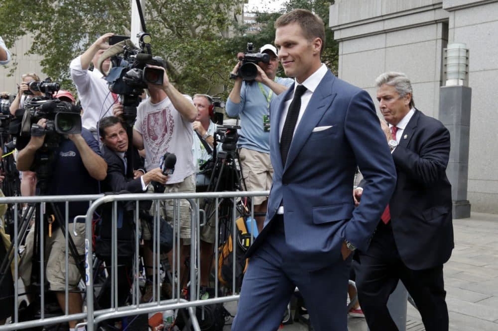 New England Patriots quarterback Tom Brady leaves Federal court in New York in April. (Richard Drew/AP)