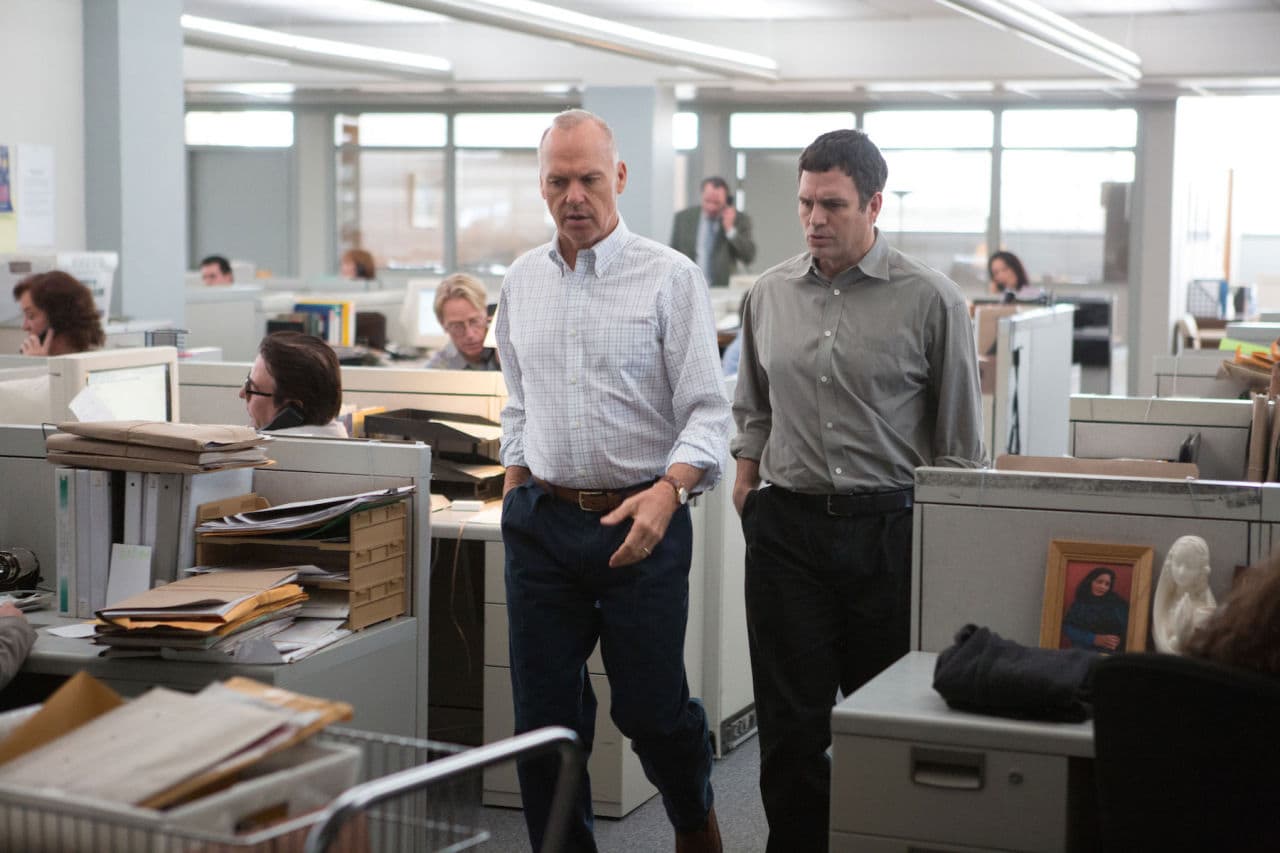 Michael Keaton as Spotlight team editor Walter Robinson, left, and Mark Ruffalo as reporter Michael Rezendes, in a still from the film "Spotlight." (Kerry Hayes/Open Road Films)