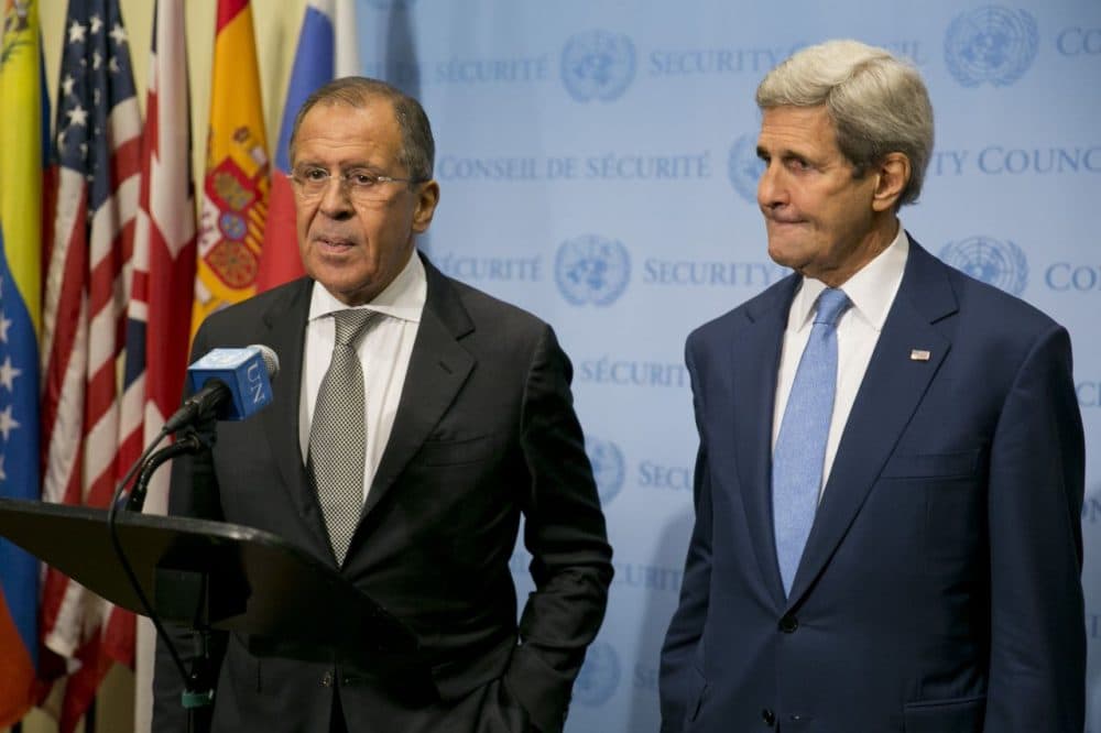 U.S. Secretary of State John Kerry (right) and Russian Foreign Minister Sergey Lavrov speak to the media after a meeting concerning Syria at the United Nations headquarters in New York on September 30, 2015. ( Dominick Reuter/AFP/Getty Images)