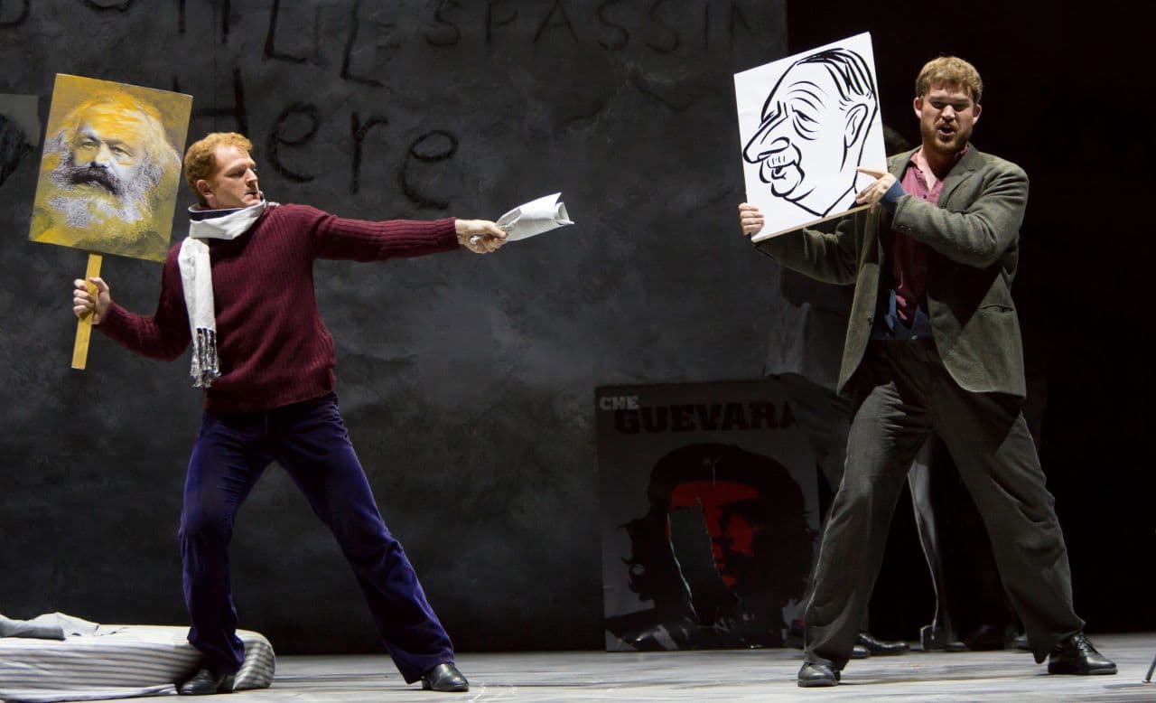 Musician Schaunard (Andrew Garland) and philosopher Colline (Brandon Cedel) make a political statement in Boston Lyric Opera's new production of "La Bohème." (T. Charles Erickson)