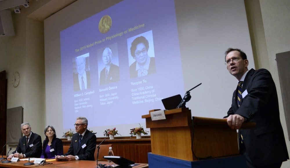 Urban Lendahl (right), Secretary of the Nobel Committee for Physiology or Medicine, addresses a press conference of the Nobel Committee to announce the winners of the 2015 Nobel Medicine Prize on October 5, 2015 at the Karolinska Institutet in Stockholm, Sweden. Irish-born William Campbell, Satoshi Omura of Japan and China's Youyou Tu (their portraits are displayed on the screen in background) are the laureates of the Nobel Prize in Physiology or Medicine 2015. (Jonathan Nackstrand/AFP/Getty Images)