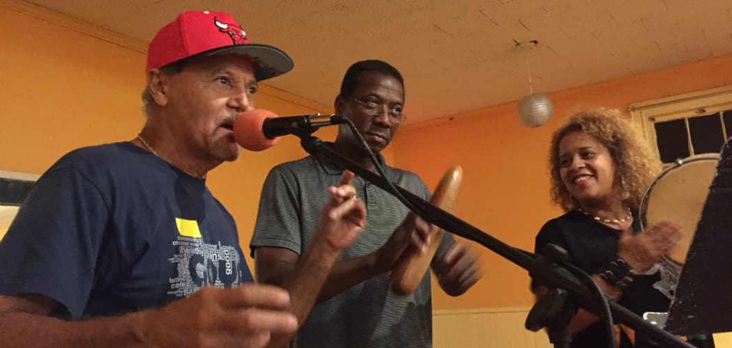 Jorge Arce y Raiz de Plena practice for Saturday's festival. (Simón Rios/WBUR)