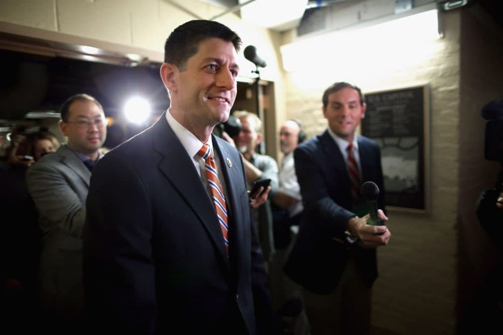 House Ways and Means Committee Chairman Paul Ryan (R-WI) heads for House Republican caucus meeting in the basement of the U.S. Capitol October 9, 2015 in Washington, D.C. Many GOP members of the House are asking Ryan to be a candidate to succeed Speaker of the House John Boehner (R-OH) whose plans to retire at the end of October have been thrown into question after Majority Leader Kevin McCarthy (R-CA) announced Thursday he was pulling out of the race for Speaker. (Chip Somodevilla/Getty Images)