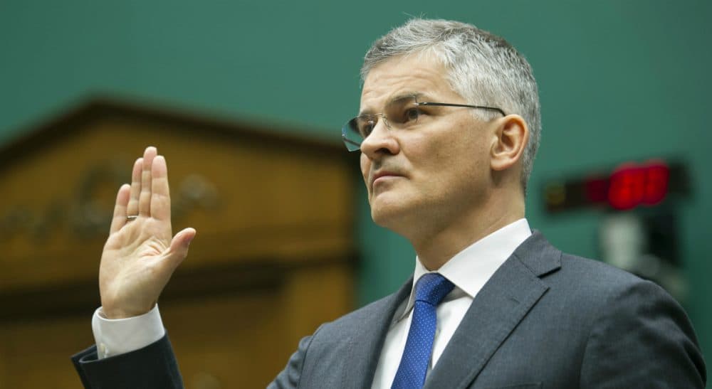 Volkswagen of America CEO Michael Horn is sworn-in on Capitol Hill in Washington, Thursday, Oct. 8, 2015, prior to testifying before the House Oversight and Investigations subcommittee hearing on Volkswagen's emissions-rigging scandal. (Cliff Owen/ AP)