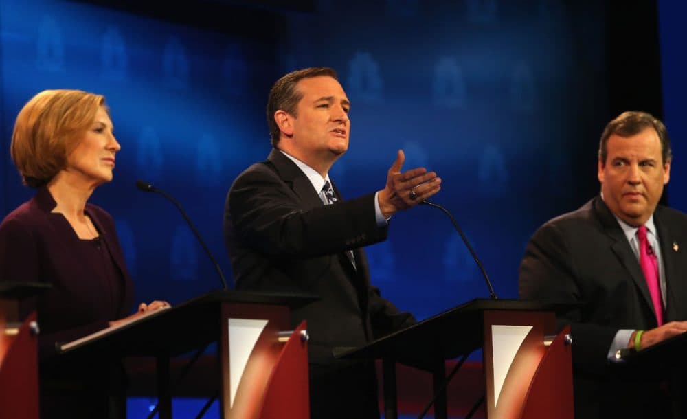 Presidential candidate Sen. Ted Cruz (center) (R-TX) speaks while New Jersey Gov, Chris Christie (right) and Carly Fiorina look on during the third Republican Presidential Debate,(Justin Sullivan/Getty Images)