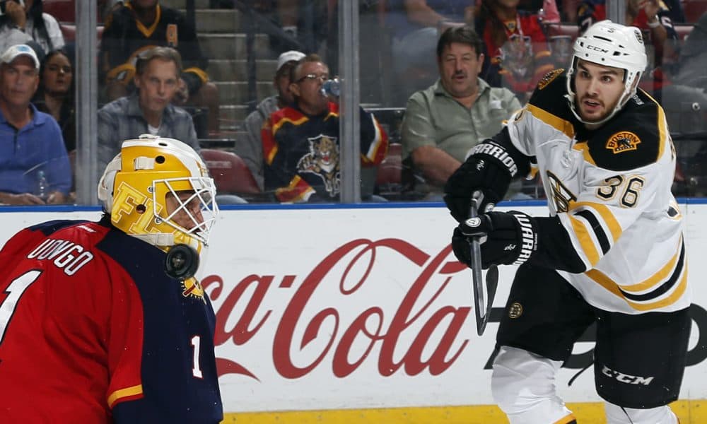Florida Panthers goaltender Roberto Luongo (1) has the puck go past his mask on a shot by Boston Bruins center Zac Rinaldo (36) during the second period of a game Friday. (Joel Auerbach/AP)