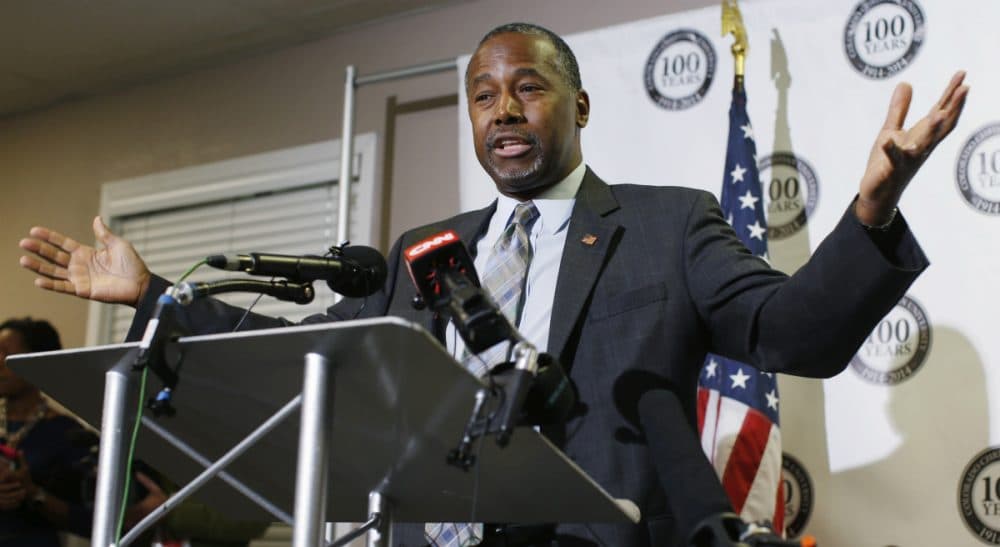 Dr. Ben Carson gestures during a news conference during a campaign stop, Thursday, Oct. 29, 2015, in Lakewood, Colo. The Republican candidate for president has compared both the Affordable Care Act and abortion to slavery. (David Zalubowski/ AP)