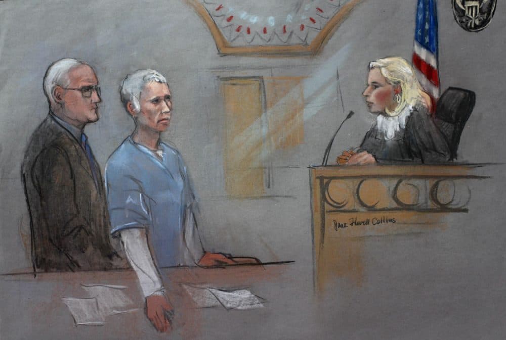 In this courtroom sketch, Catherine Greig, center, the longtime girlfriend of James "Whitey" Bulger, is depicted with her lawyer Kevin Reddington, left, before Judge Marianne Bowler, right, during a hearing Monday in federal court in Boston (Jane Flavell Collins via AP)