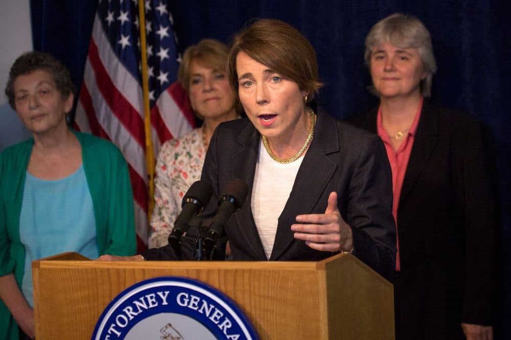 Attorney General Maura Healey addresses the media in June. (Jesse Costa/WBUR)