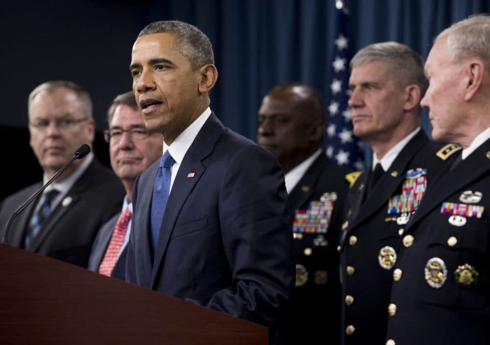 President Barack Obama speaks following a meeting with top military officials about the military campaign against the Islamic State at the Pentagon in Washington, DC, July 6, 2015. Obama said the U.S.-led coalition battling Islamic State jihadists was "intensifying" its campaign against the group's base in Syria, especially against its top leaders. (Saul Loeb/AFP/Getty Images)