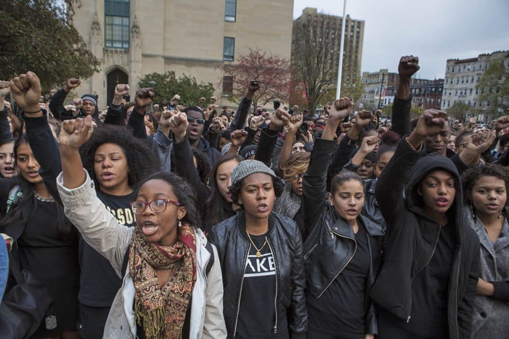 Several hundred Boston University students gathered at Marsh Plaza to show solidarity for University of Missouri students who have been protesting the treatment of minorities on their campus. (Jesse Costa/WBUR)