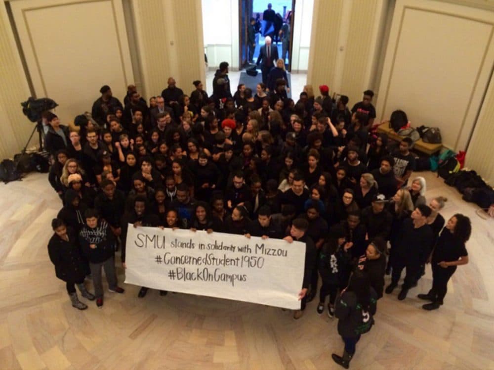 Students at Southern Methodist University rallying against racial discrimination. Yesterday, about 150 students gathered for a "blackout" to show support for black students at the University of Missouri, and to call attention to racial issues on their own campus. (Holly Hacker @hollyhacker/Twitter)