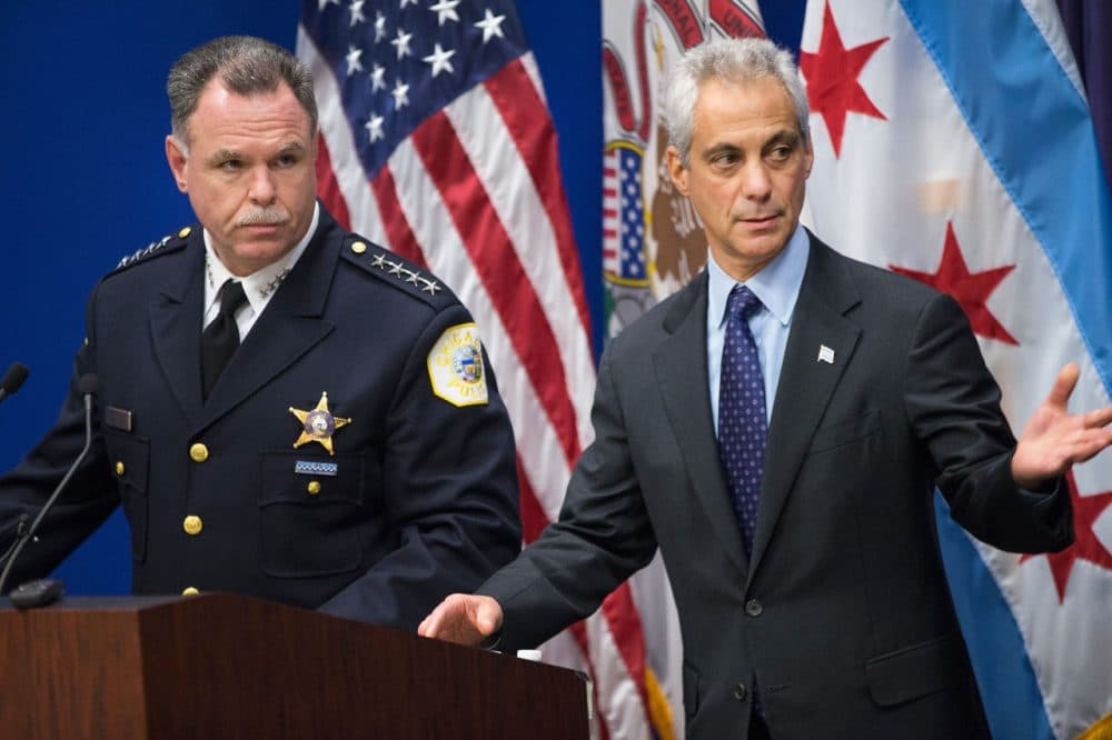 Chicago Police Superintendent Garry McCarthy (left) and Mayor Rahm Emanuel arrive for a press conference to address the arrest of Chicago Police officer Jason Van Dyke on November 24, 2015 in Chicago, Illinois. Van Dyke has been charged with first degree murder for shooting 17-year-old Laquan McDonald 16 times on October 20, 2014 after responding to a call of a knife wielding man who had threatened the complainant and was attempting to break into vehicles in a trucking yard. Emanuel and McCarthy announced they were releasing police video of the shooting during the press conference. (Scott Olson/Getty Images)