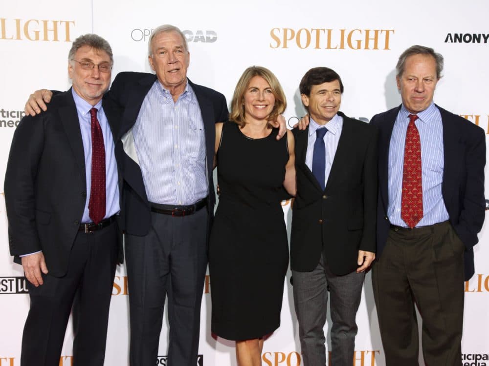 Marty Baron, from left, Walter Robinson, Sacha Pfeiffer, Mike Rezendes and Ben Bradlee, Jr. attend the premiere of "Spotlight" at the Ziegfeld Theatre on Tuesday, Oct. 27, 2015, in New York. (Photo by Andy Kropa/Invision/AP)