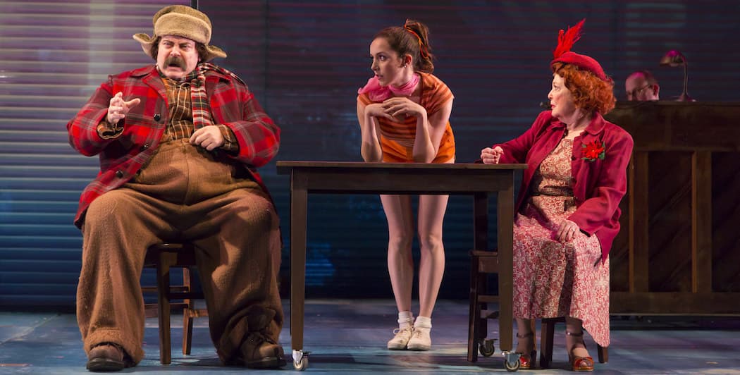 From left to right, Nick Offerman, Talene Monahon and Anita Gillette in "A Confederacy of Dunces." (Courtesy of T. Charles Erickson/ Huntington Theatre Company)