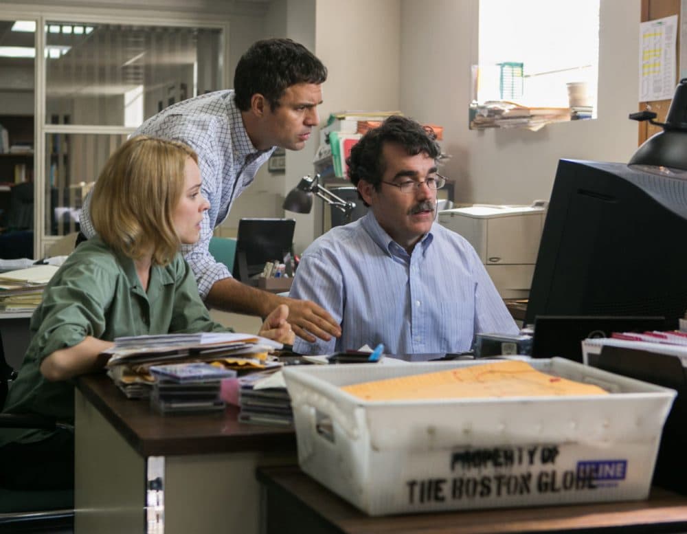 Rachel McAdams as Sacha Pfeiffer, Mark Ruffalo as Michael Rezendes and Brian d’Arcy James as Matt Carroll in 'Spotlight.' (Kerry Hayes / Open Road Films)