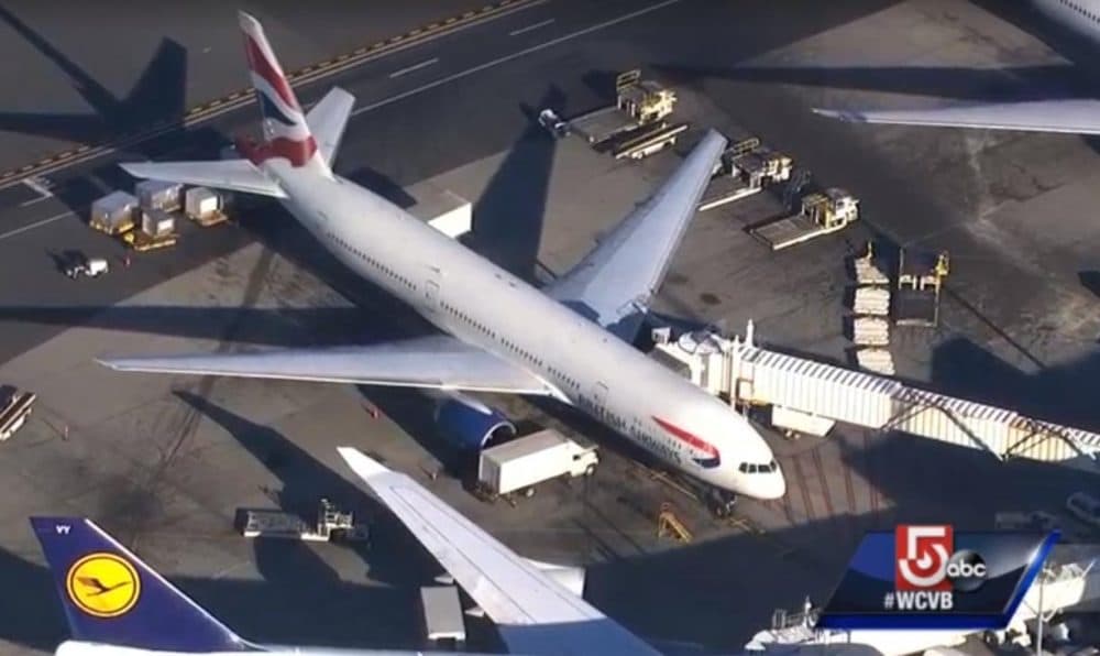 Kamila Dolniak, 32, of Poland, was intoxicated and had to be restrained after trying to open an exit door while the plane was in flight, according to Massachusetts State Police. Now she's facing charges. The plane Dolniak was on is pictured here arriving at Logan Tuesday afternoon. (WCVB screenshot)