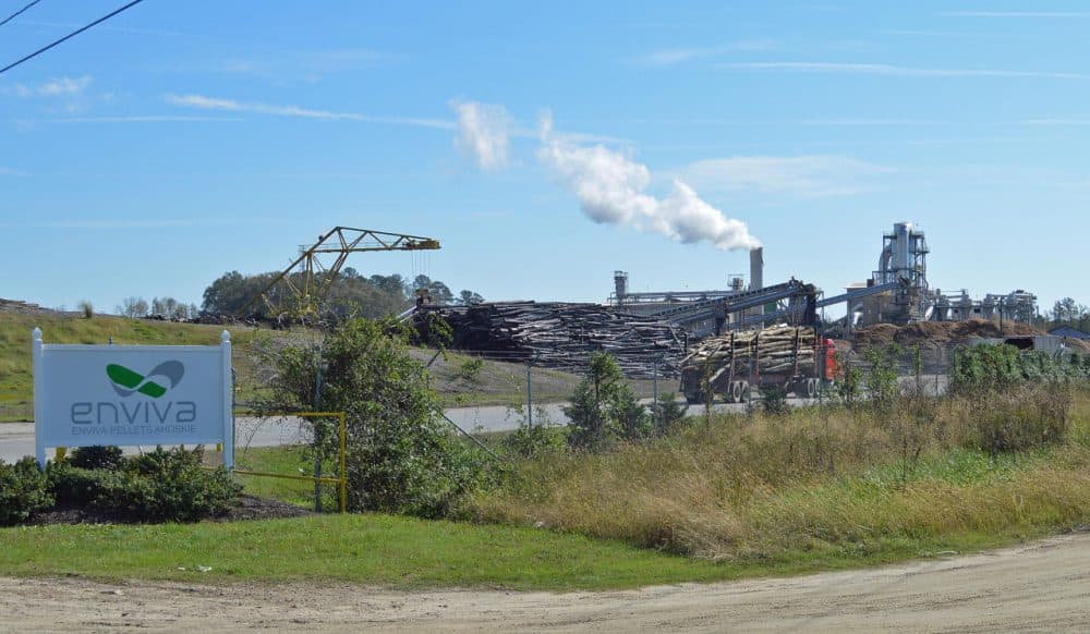 A log truck rolls into the Enviva wood pellet plant in Ahoskie. (Dave DeWitt/WUNC)