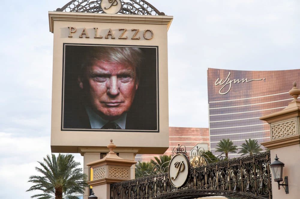 The image of Republican presidential hopeful Donald Trump on an electronic display announcing the Republican presidential debate, hosted by CNN, Tuesday night. (Robyn Beck/AFP/Getty Images)