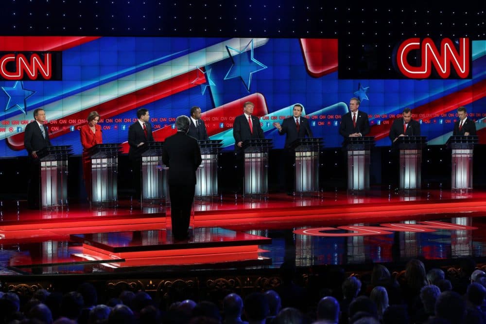 Republican presidential candidates Ohio Gov. John Kasich, Carly Fiorina, U.S. Sen. Marco Rubio (R-FL), Ben Carson, Donald Trump, U.S. Sen. Ted Cruz (R-TX), Jeb Bush, New Jersey Gov. Chris Christie and U.S. Sen. Rand Paul (R-KY) participate during the CNN Republican presidential debate on Dec. 15, 2015, in Las Vegas, Nevada. This is the last GOP debate of the year, with U.S. Sen. Ted Cruz (R-TX) gaining in the polls in Iowa and other early voting states and Donald Trump rising in national polls. (Justin Sullivan/Getty Images)
