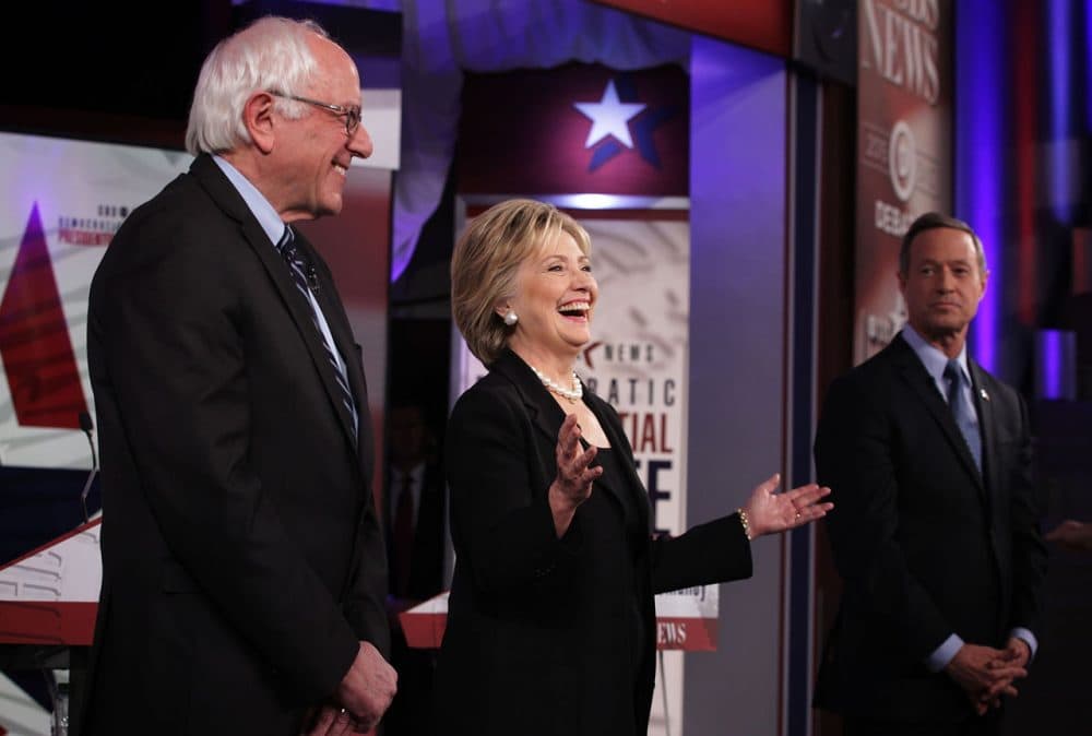 Democratic presidential candidates (L-R) Sen. Bernie Sanders (I-VT), Hillary Clinton and Martin O'Malley stand on the stage prior to this presidential campaign's second Democratic debate November 14 in Des Moines, Iowa. (Alex Wong/Getty Images)