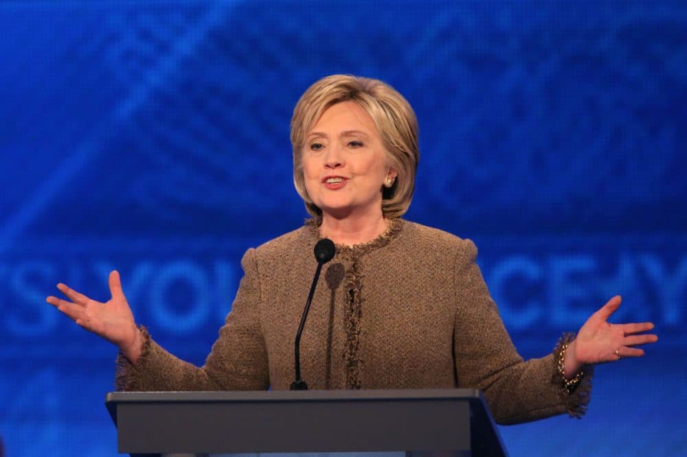Democratic president candidate Hillary Clinton speaks at the debate at Saint Anselm College in Manchester, New Hampshire Saturday night. (Andrew Burton/Getty Images)