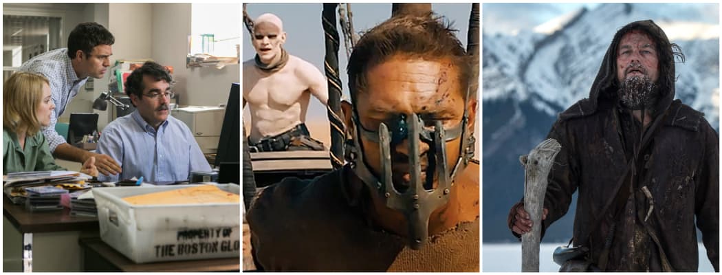 Scenes from "Spotlight," "Mad Max: Fury Road" and "The Revenant." (Courtesy Open Road Films, Warner Bros. and 20th Century Fox)