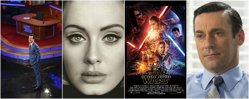 Stephen Colbert started on the "Late Show," Adele released her third album, a "Star Wars" reboot released and "Mad Men" came to an end. (AP)