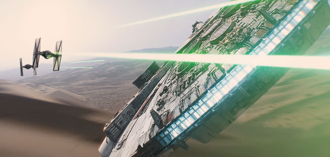 The Millennium Falcon gets into one of the astonishing dogfights in “Star Wars: The Force Awakens." (Courtesy of Walt Disney Studios)