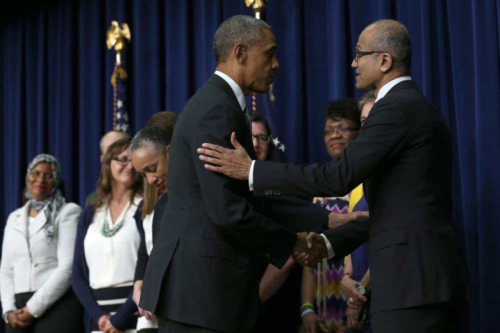 Satya Nadella (R), CEO of Microsoft, shakes hands with U.S. President Barack Obama after Obama spoke at a Champions of Change event at the Eisenhower Executive Office Building April 16, 2015 in Washington, DC. (Win McNamee/Getty Images)
