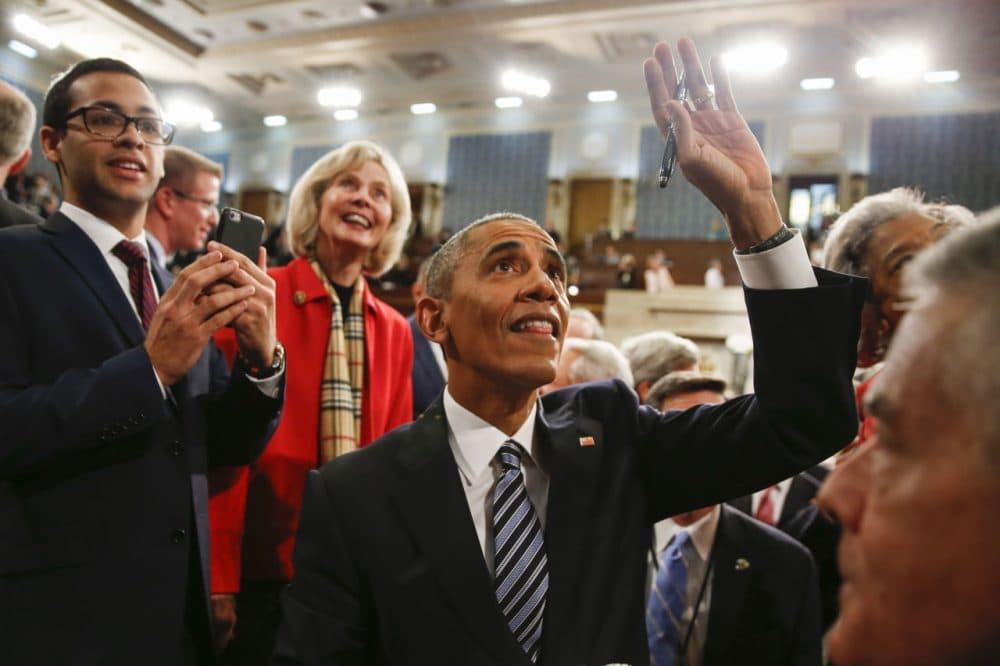 President Barack Obama waves as he walks back up the aisle at conclusion of his State of the Union address to a joint session of Congress on Capitol Hill January 12, 2016 in Washington, D.C. In his final State of the Union, President Obama reflected on the past seven years in office and spoke on topics including climate change, gun control, immigration and income inequality. (Evan Vucci/Getty Images)