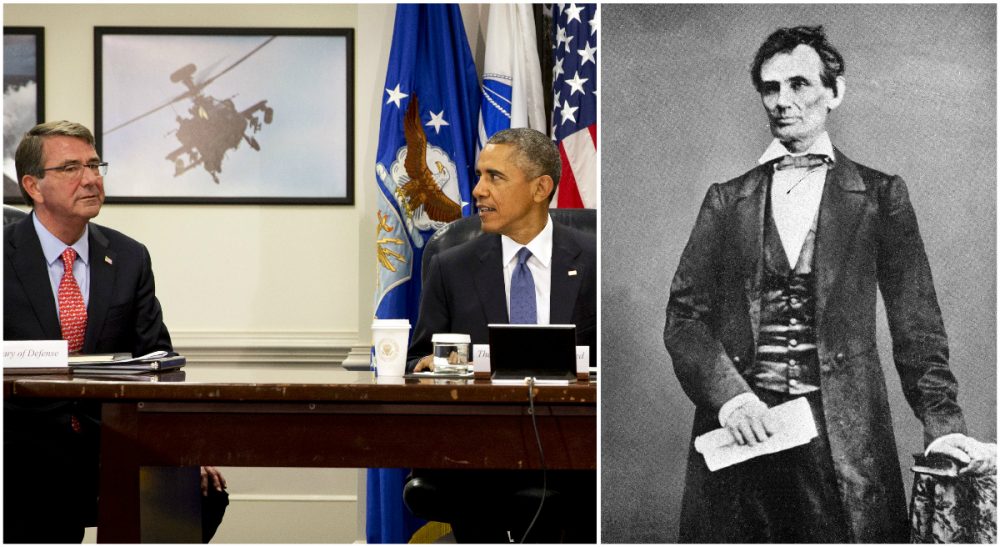 In the photo on the left, U.S. Defense Secretary Ash Carter and President Obama are pictured during an update on the Islamic State at the Pentagon on July 6, 2015. On the right, President Abraham Lincoln is pictured in an undated portrait. (AP photos)