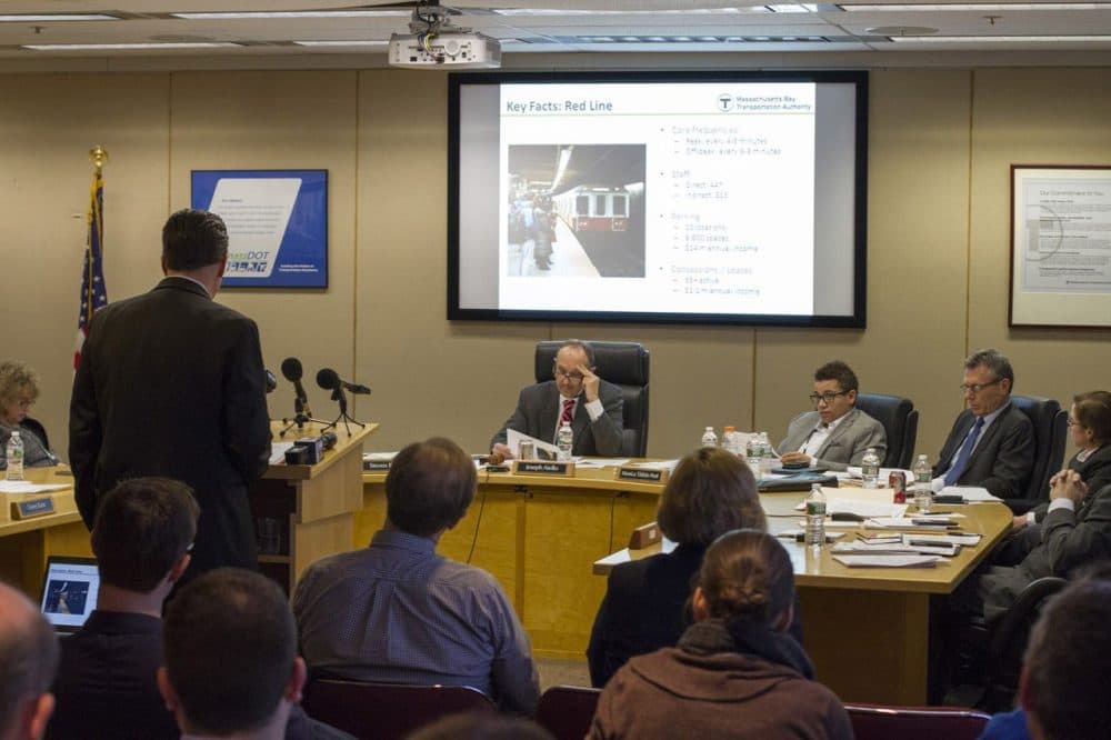 During Monday's MBTA control board hearing, board members were briefed on the state of the Red Line -- the T's busiest service. (Joe Difazio for WBUR)