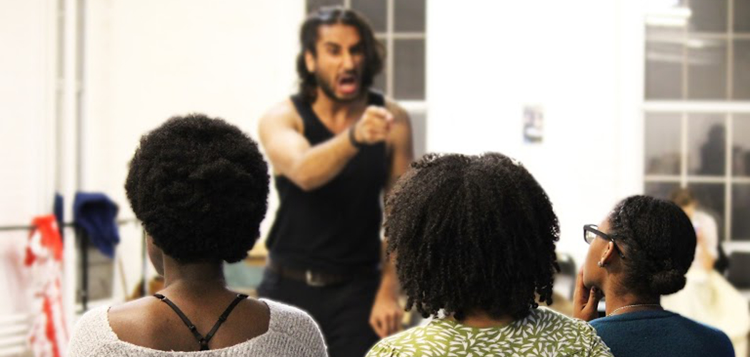Harsh Gagoomal (top) rehearses for "An Octoroon" with fellow actors Obehi Janice, Amelia Lumpkin and Elle Borders. (Courtesy Lauren Miller/Company One)