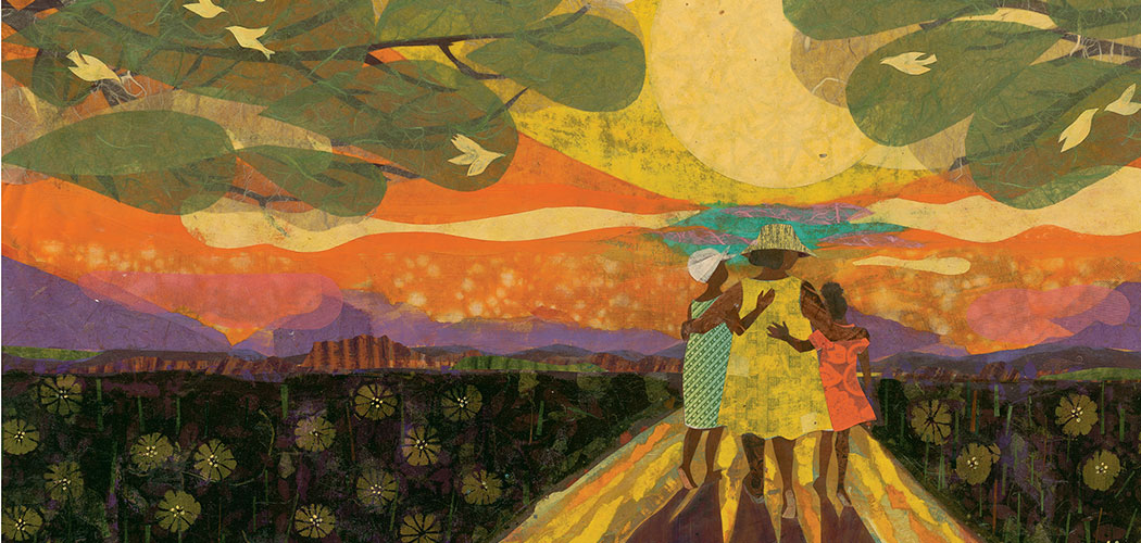 Detail of "In 1954, me and Pap adopted two little girls." From “Voice of Freedom.” Text copyright 2015 by Carole Boston Weatherford. Illustrations copyright 2015 by Ekua Holmes. Reproduced by permission of the publisher, Candlewick Press, Somerville, Mass. (Courtesy of Candlewick Press)