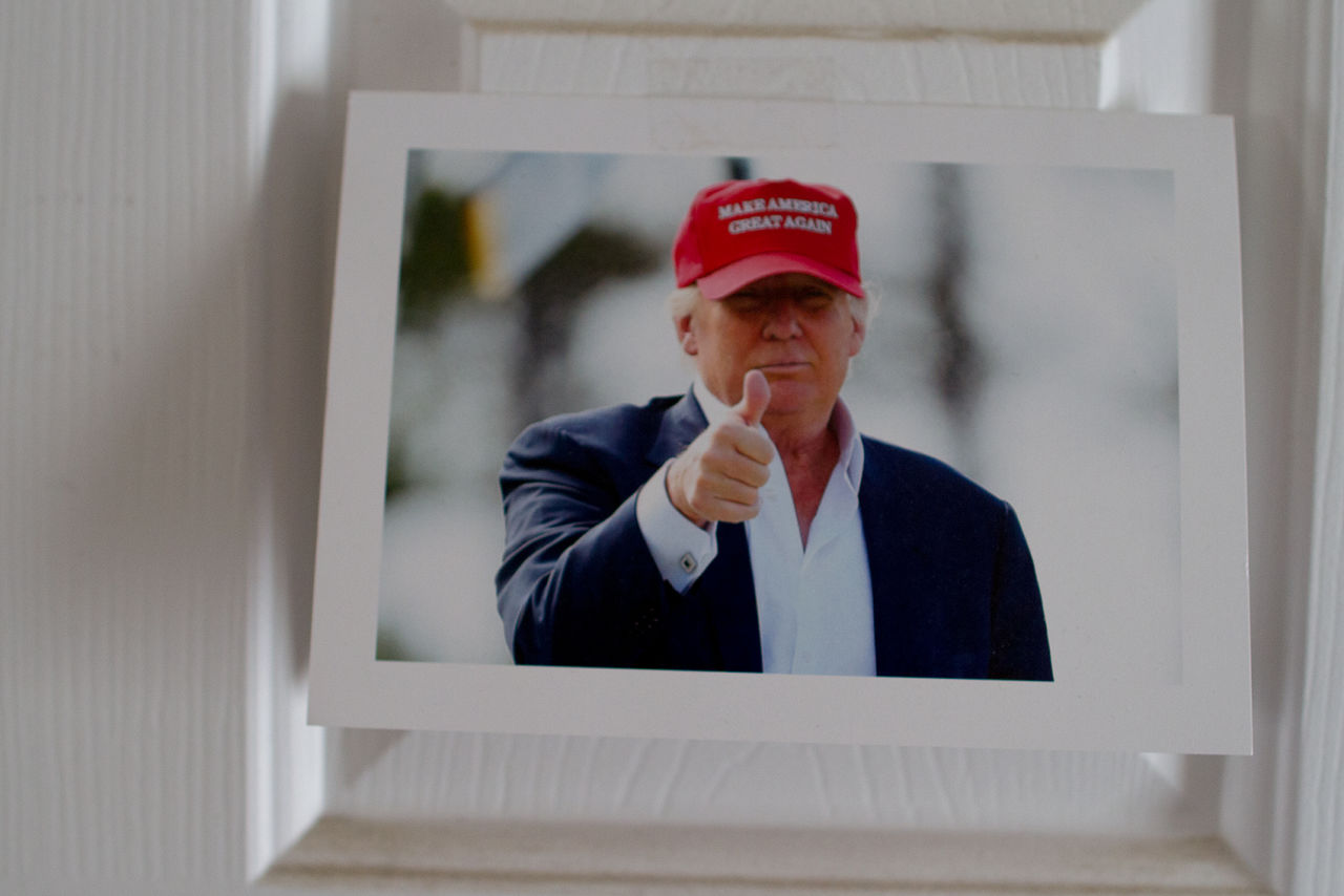 Jones has a Trump greeting card tacked on his kitchen wall. (Hadley Green for WBUR)