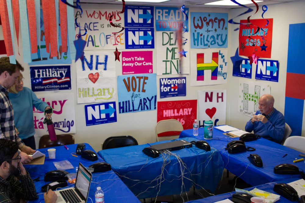 In a small state like New Hampshire, where do you hang the "Help Wanted" sign for the many bodies you need to help you in your bid for the White House? Next door in Massachusetts of course, where we regularly produce campaign volunteers. Pictured here, volunteers make calls at the Clinton campaign field office in Portsmouth, New Hampshire. (Hadley Green for WBUR)