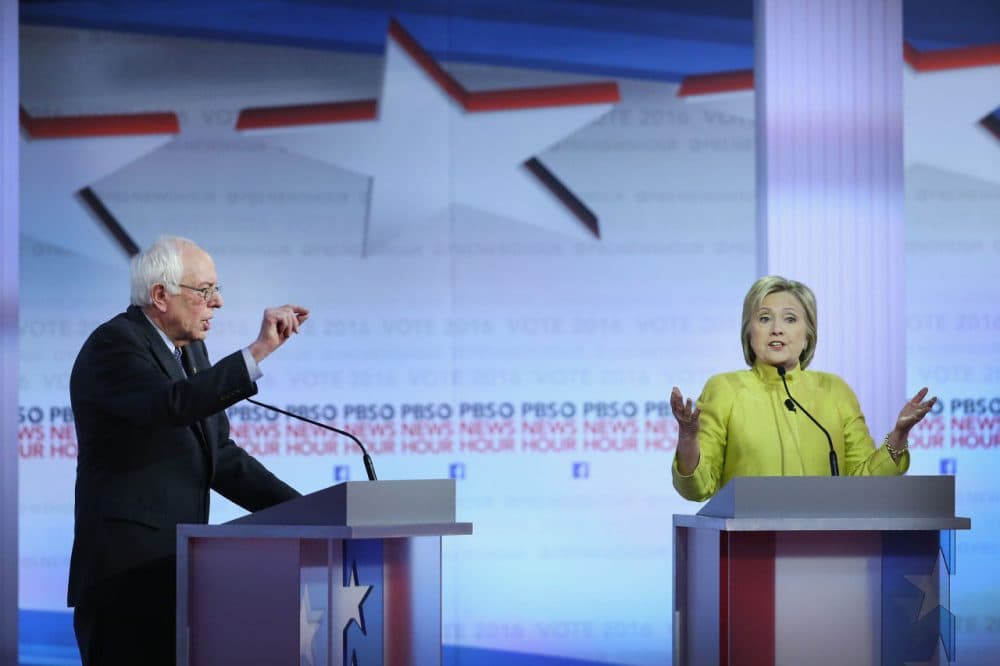 Democratic presidential candidates Senator Bernie Sanders (left) and Hillary Clinton participate in the PBS NewsHour Democratic presidential candidate debate at the University of Wisconsin-Milwaukee on February 11, 2016 in Milwaukee, Wisconsin.The debate is the final debate before the Nevada caucuses scheduled for February 20. (Win McNamee/Getty Images)
