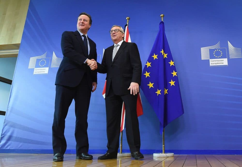 British Prime Minister David Cameron (left) is welcomed by European Commission President Jean-Claude Juncker prior to their meeting at the European Commission in Brussels, on February 16, 2016. (Emmanuel Dunand/AFP/Getty Images)
