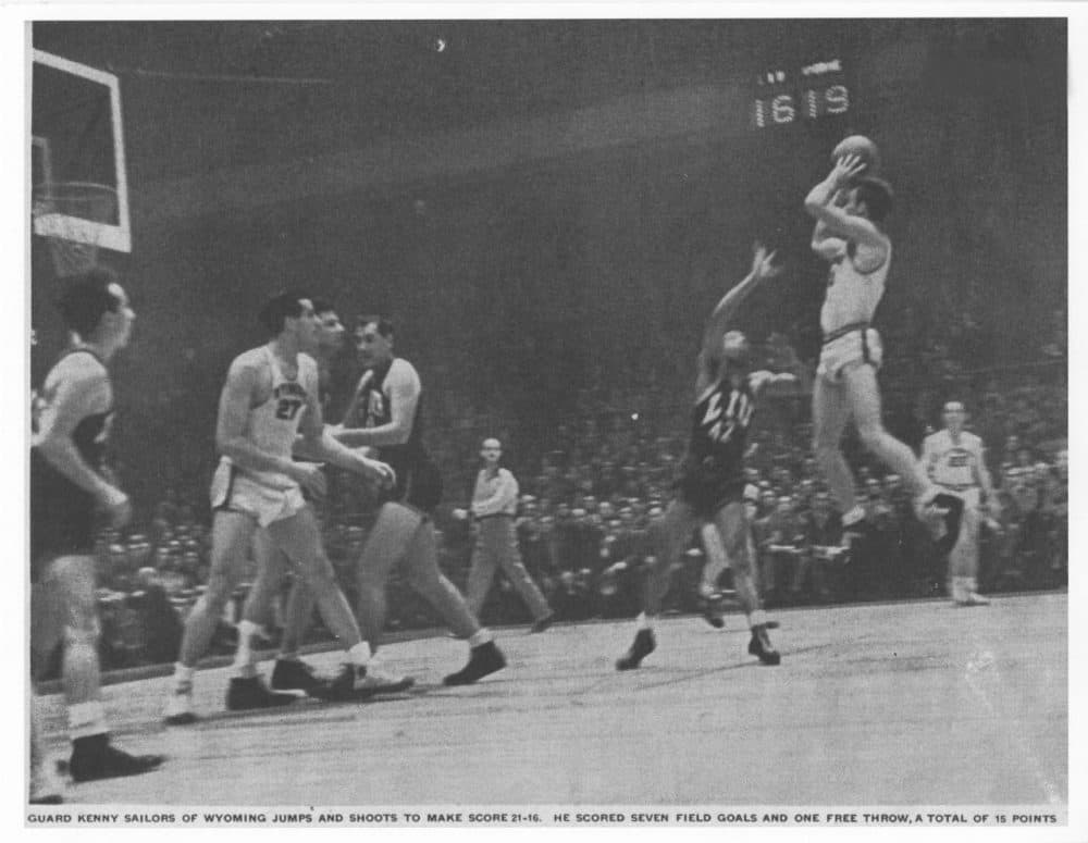 This photo of Kenny Sailors and his jump shot landed in Life Magazine in January of 1946. If you're wondering why nobody is jumping up to block Sailors...it's because nobody knew they should. (Kenny Sailors Collection/American Heritage Center/University of Wyoming)