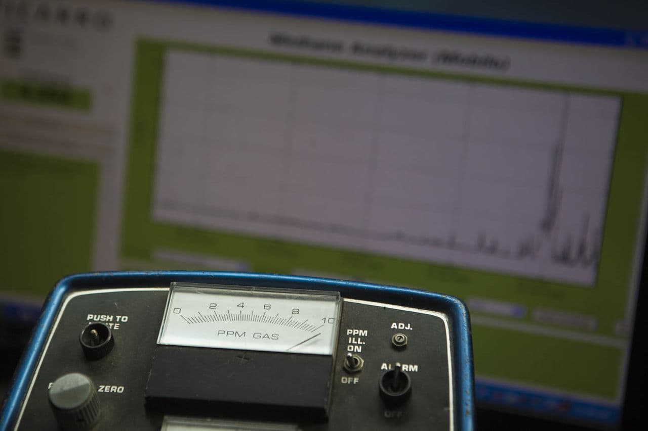 The Flame Ionization Detector spots a large presence of gas as the reading is over 10. (Jesse Costa/WBUR)
