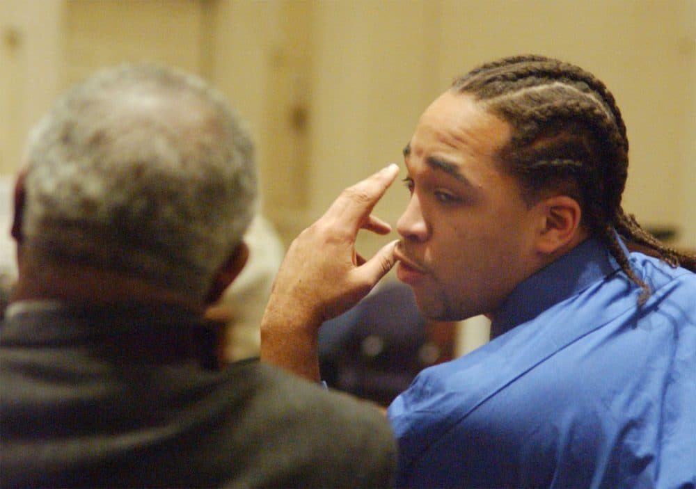 Defendant Joseph Cousin, right, talks with his attorney during his first trial for the murder of 10-year-old Trina Persad. (Josh Reynolds/AP)