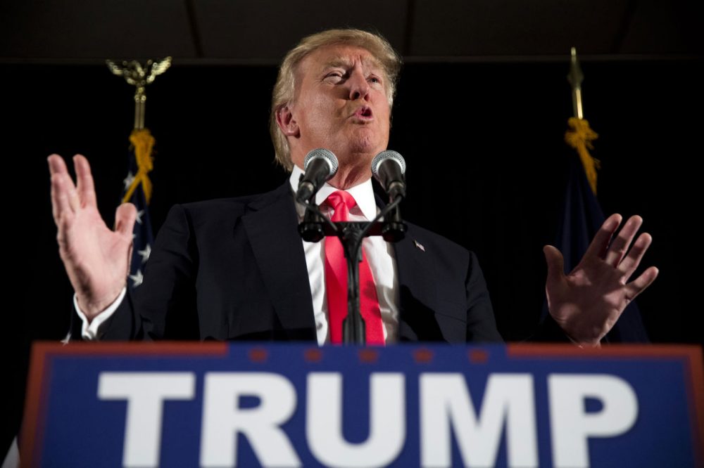Republican presidential candidate Donald Trump speaks with members of the media during a news conference Tuesday, Feb. 2, 2016, in Milford, N.H. (AP Photo/Matt Rourke)