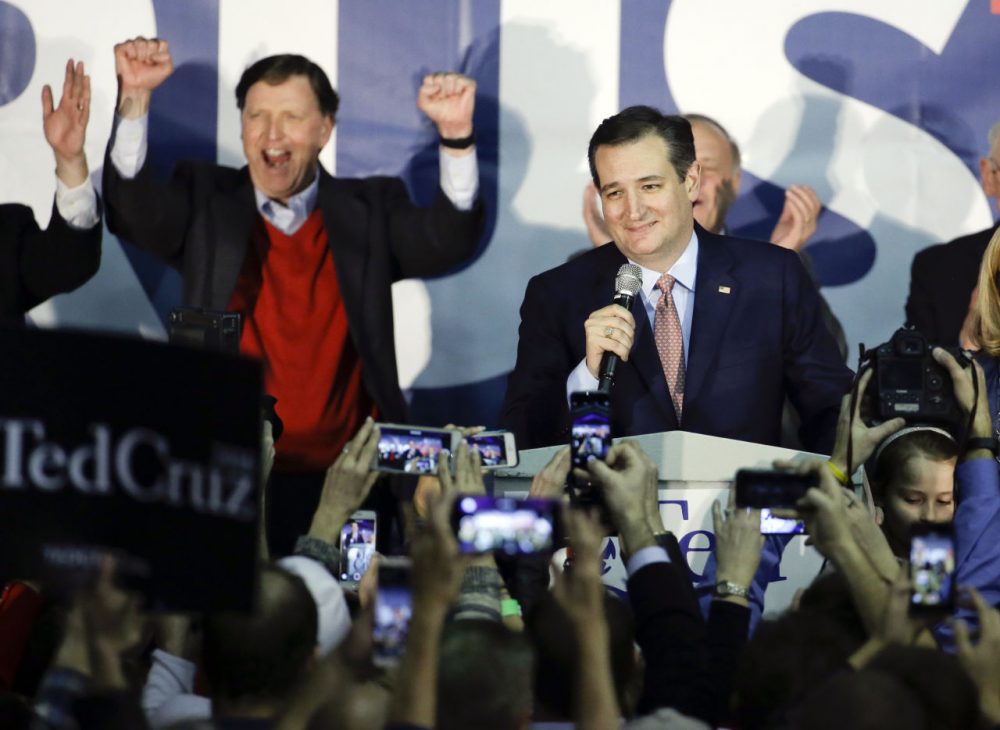 Republican presidential candidate Sen. Ted Cruz speaks during a caucus night rally Monday in Des Moines after securing the victory. (Chris Carlson/AP)