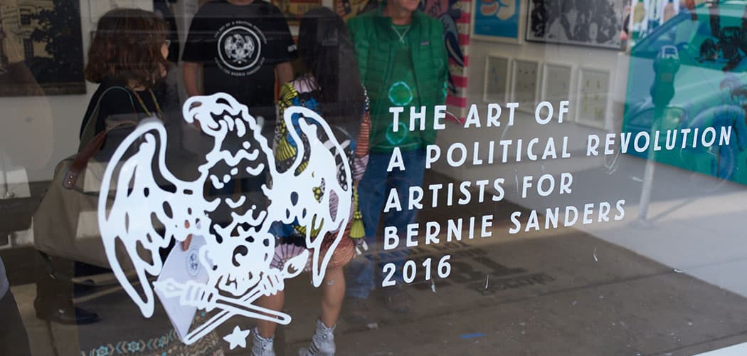 "The Art of a Political Revolution" logo designed by Marin Horikawa of Vermont displayed in the window of Los Angeles’ HVW8 gallery in January. (Mike Selsk/Courtesy Bernie Sanders 2016)